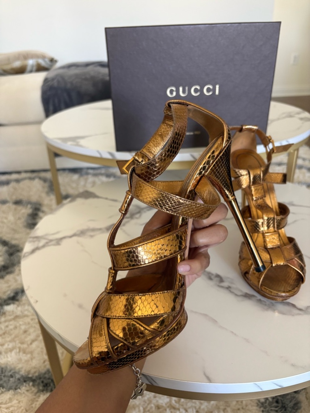 Gucci Gold Woven Snake-Embossed High Heels WITH BOX - Picture 5 of 12